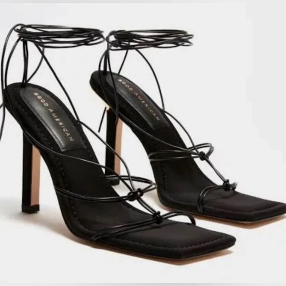 Good American Black Neoprene Ankle Lace Up Sandal Heels New In Box NIB - Picture 1 of 7